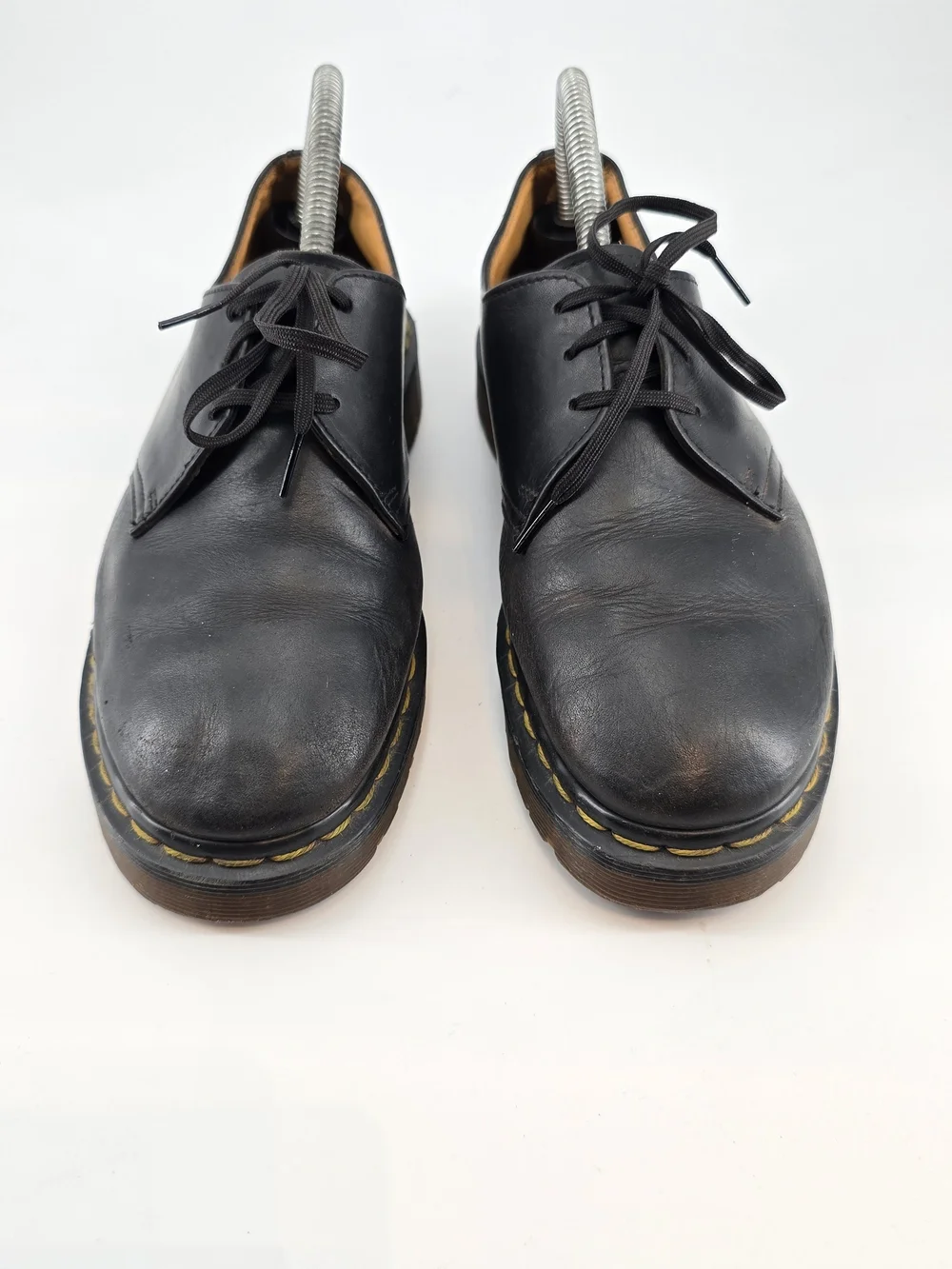 Dr. Martens Black Leather Derby Shoes with Yellow Welt Stitching